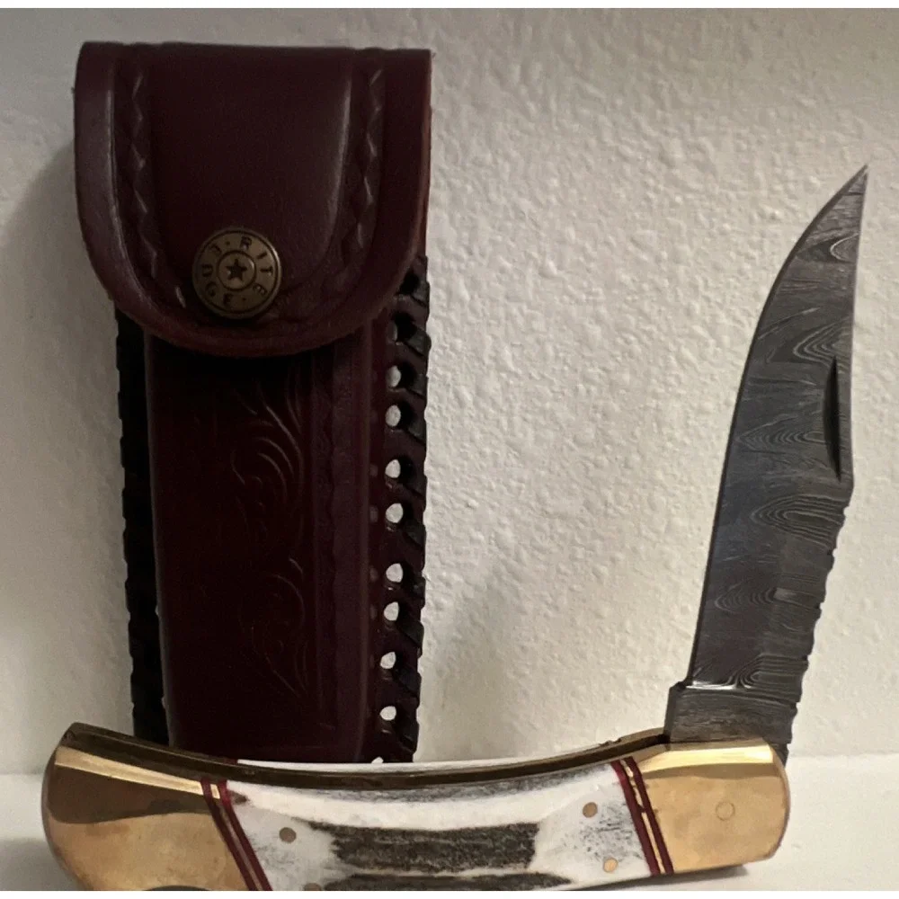 Rite Edge Damascus Steel Clip Point Lockback Pocketknife, Bone Handle, Sheath